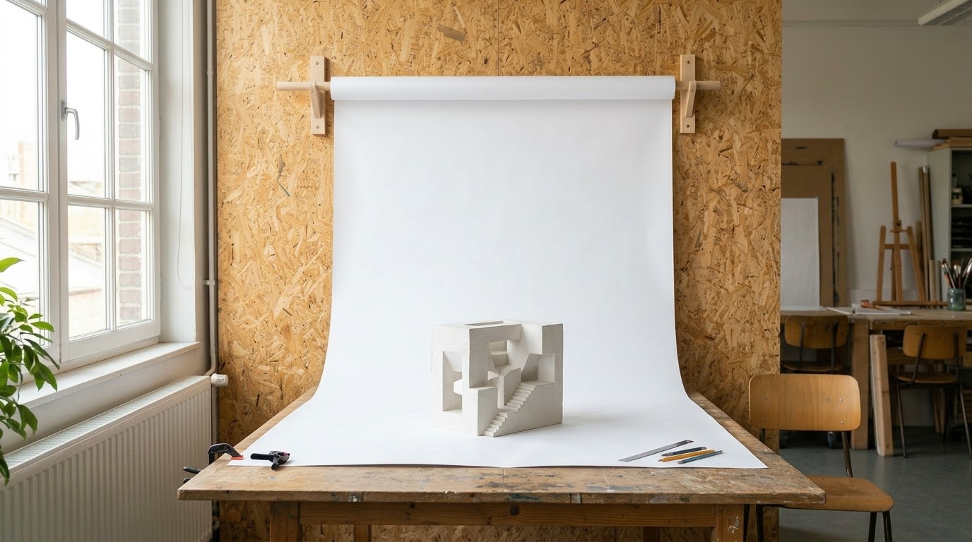 A roll of white paper hung on the wall and pulled down over a table in one continuous curve, with a white model placed on it next to a window